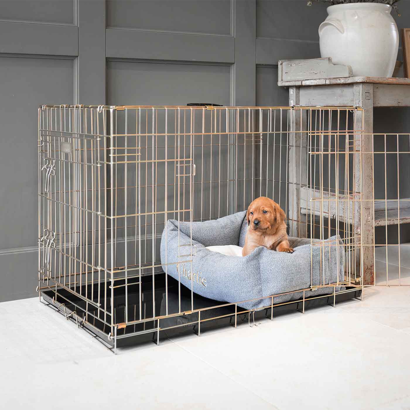 Cozy & Calming Puppy Cage Bed in Herringbone Tweed