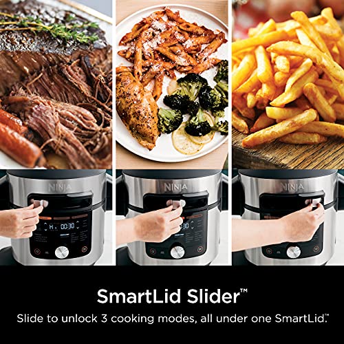 14-in-1 8-Qt. Pressure Cooker and Steam Fryer with Thermometer, Auto Steam Release, 3-Layer Capacity and 5-Qt. Crisp Basket, Silver/Black