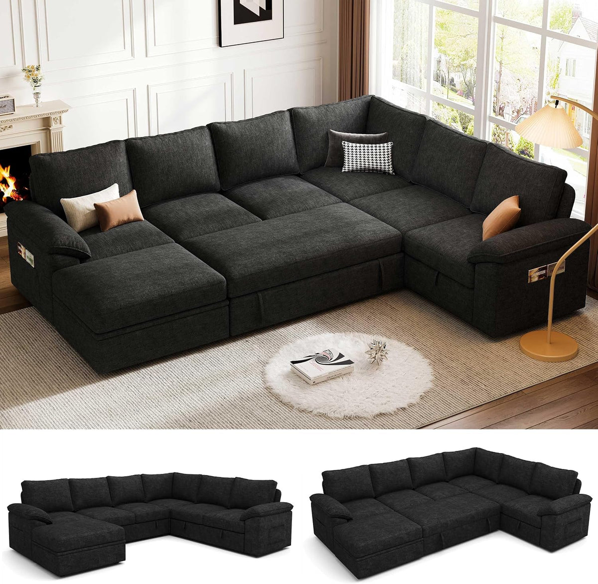 106'' Modular Sectional Sofa with Pull Out Bed, Sleeper Sofa, Dark Gray