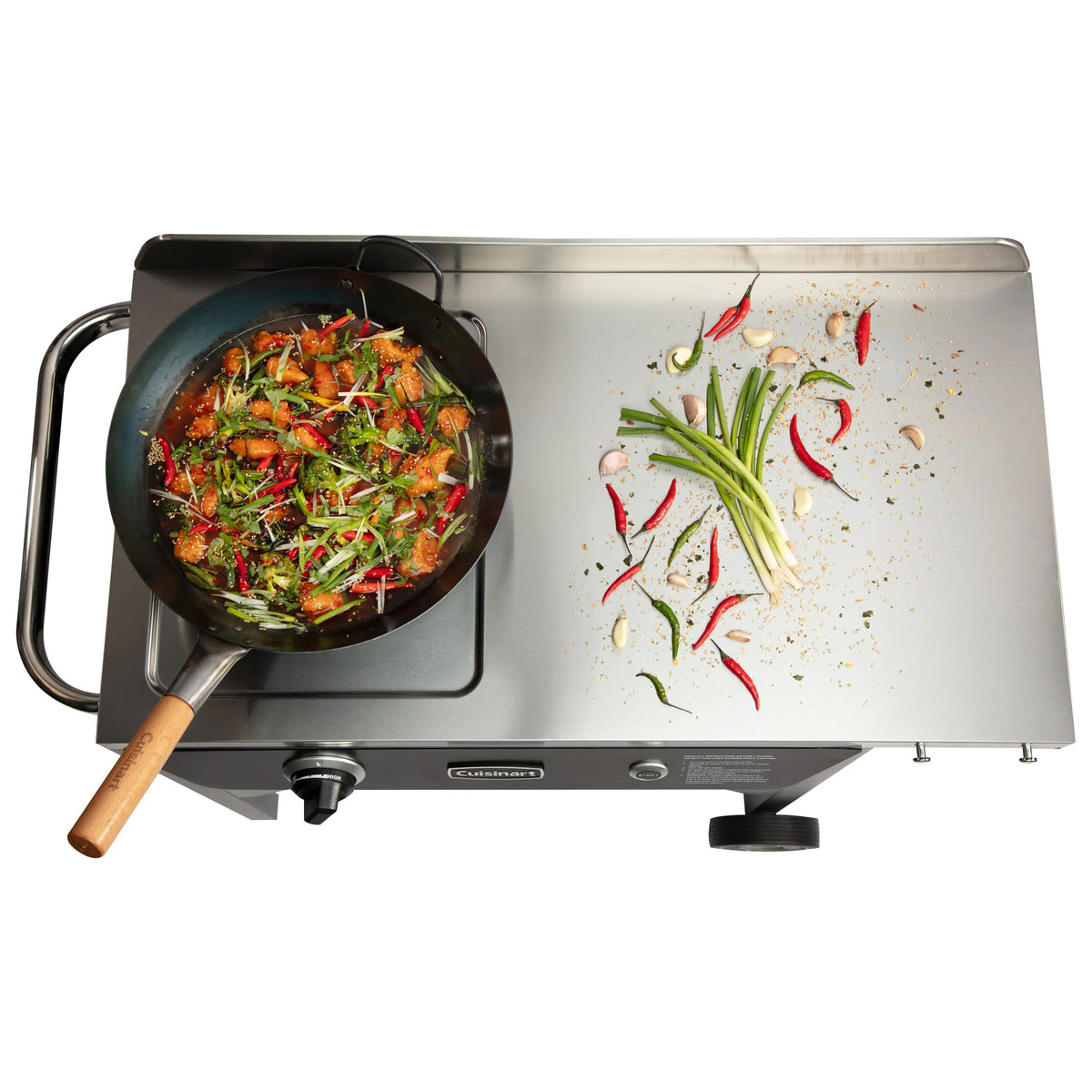 50,000 BTU Propane Outdoor Wok Station with Prep Table and 14-Inch Carbon Steel Wok, Black