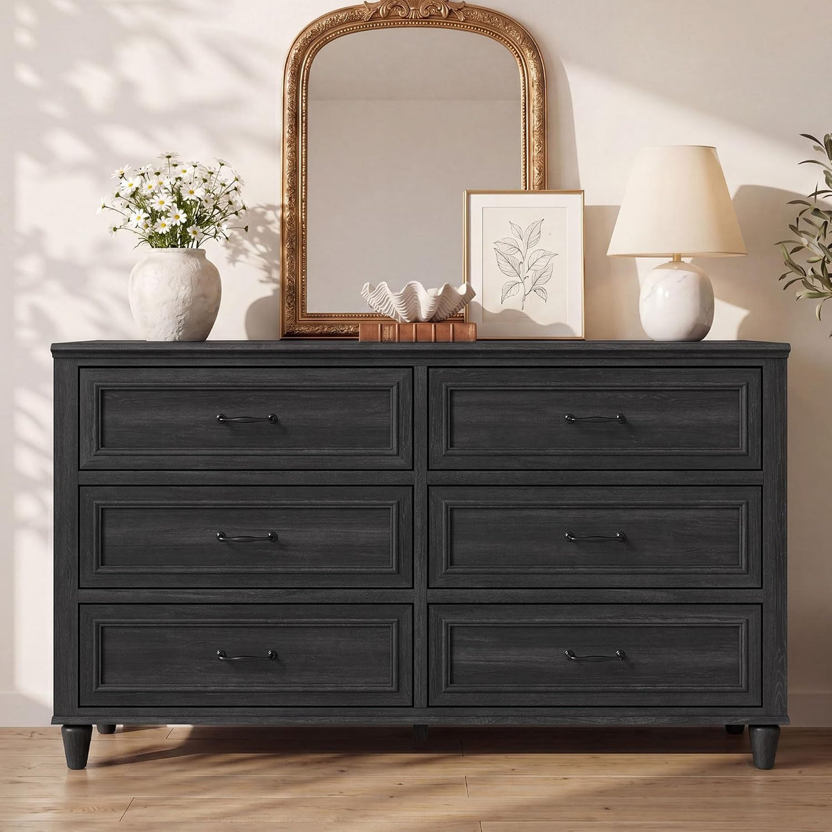 4 Piece Bedroom Furniture Set, Modern Nightstand Collection with Matching 3 Drawer, 5 Drawer & 6 Drawer Bedside Tables, Wood Storage Nightstands with Metal Handles,Black Grey