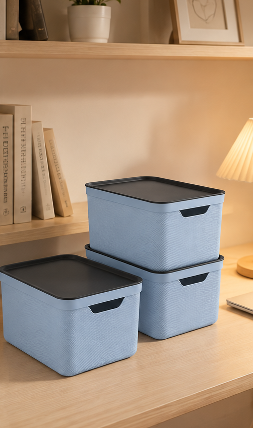 Set of 3 storage boxes with lids, made of plastic, 3 x 16 litres (blue)