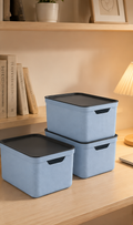 Set of 3 storage boxes with lids, made of plastic, 3 x 16 litres (blue)