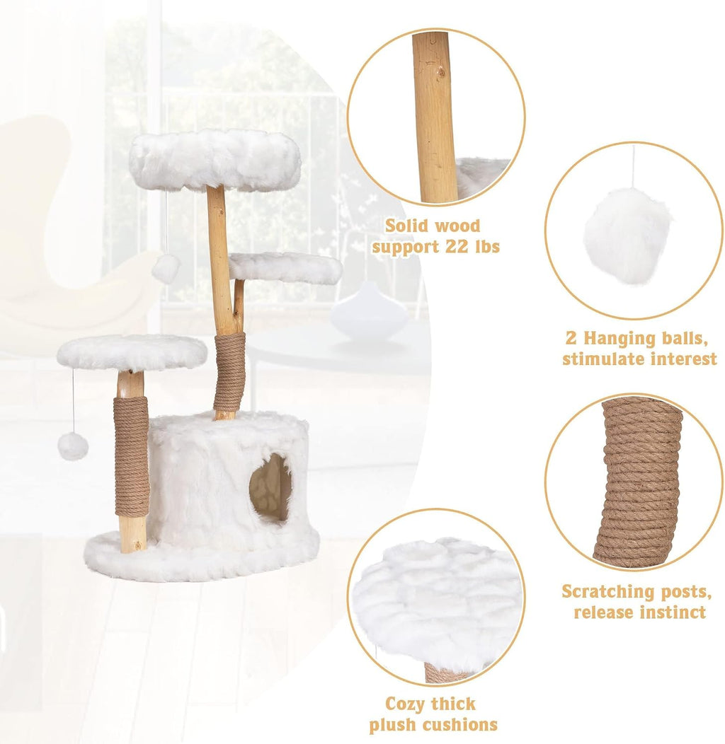 COZIWOW Cloud Cat Tree for Indoor Cats, 42" Modern Aesthetic Cat Tower with Solid Wood Branches, Top Cat Bed, Side Perch, Large Condo, Scratching Posts, Cat-Approved, White