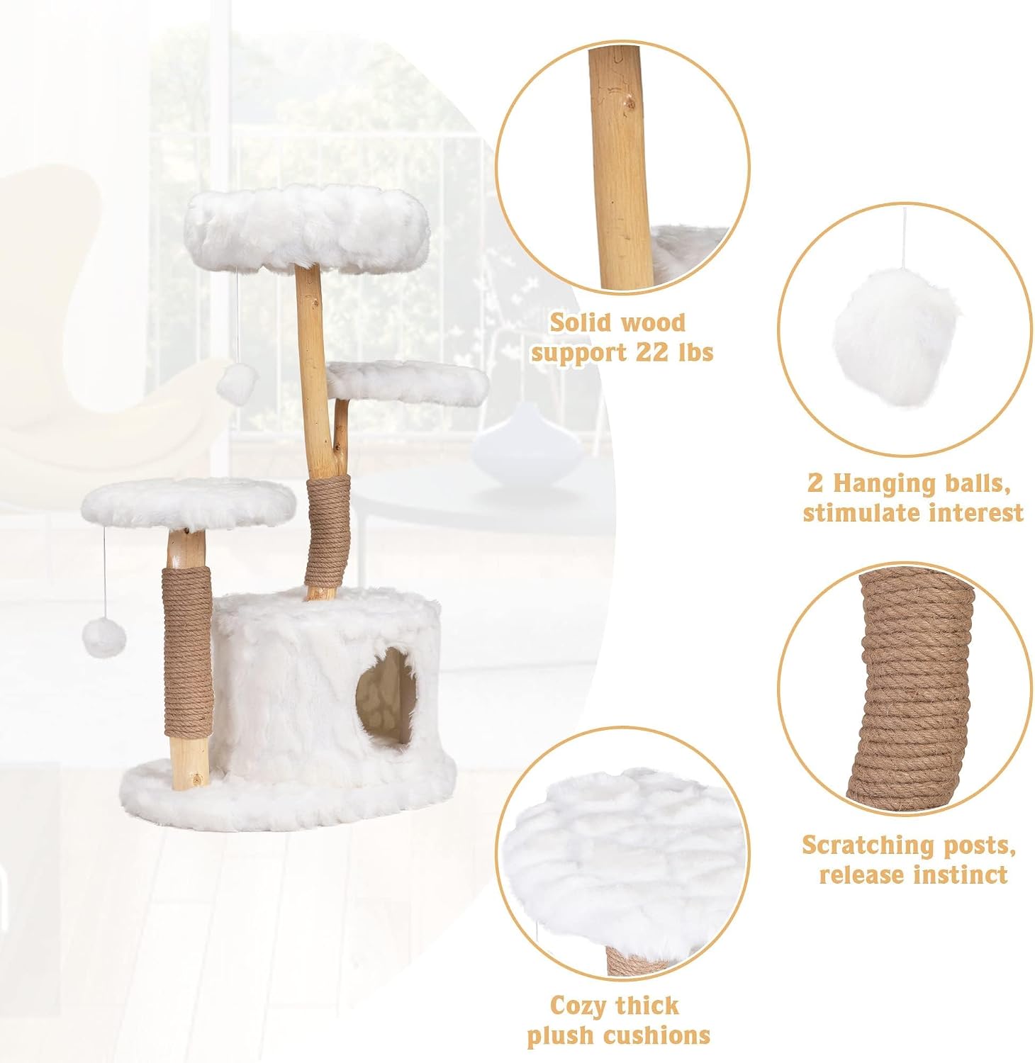 COZIWOW Cloud Cat Tree for Indoor Cats, 42" Modern Aesthetic Cat Tower with Solid Wood Branches, Top Cat Bed, Side Perch, Large Condo, Scratching Posts, Cat-Approved, White