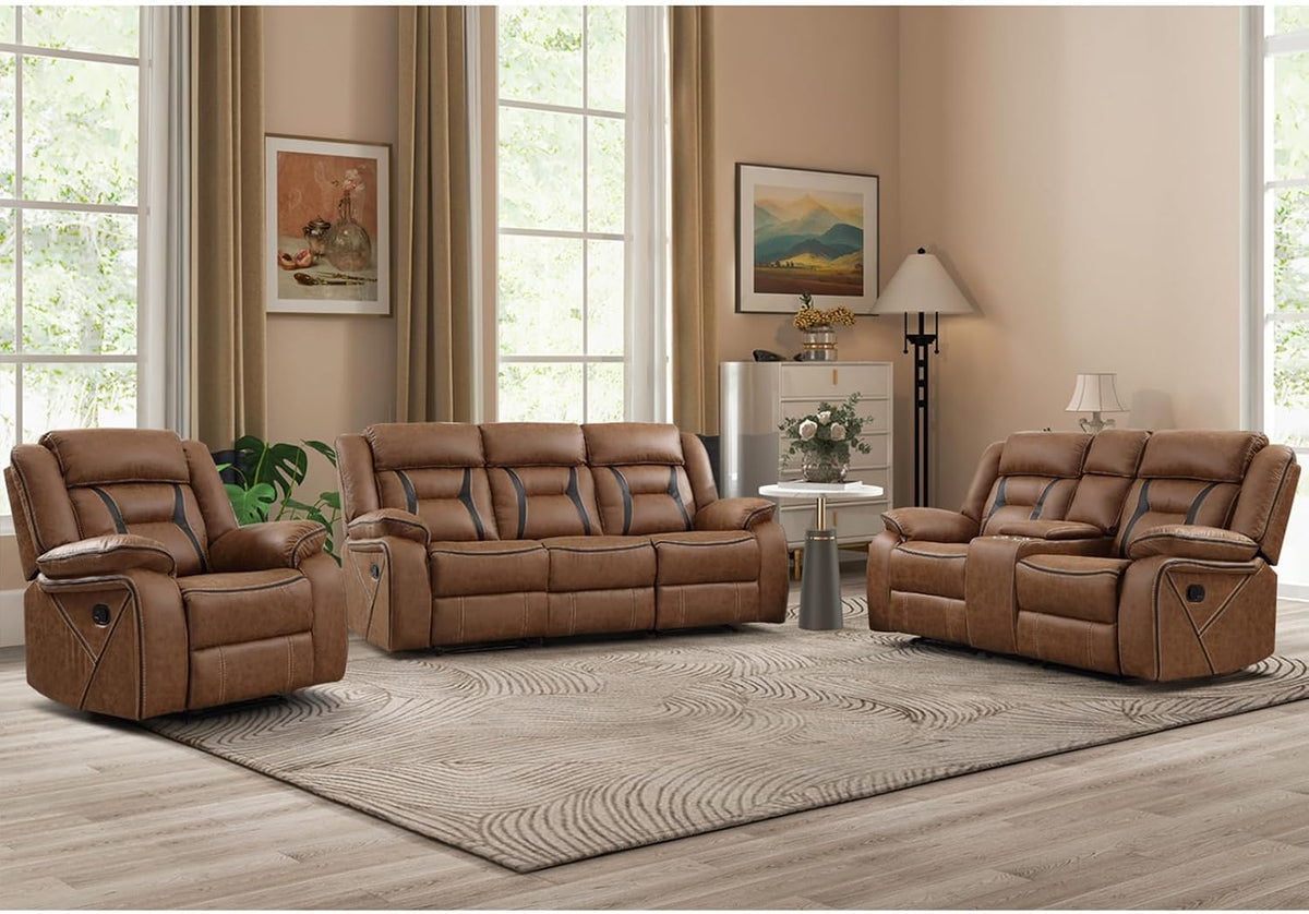 Faux Leather Recliner Sofa Furniture Set for Living Room, 2 Recliner Chairs, 3 Seat Reclining Sofa Couch Set for Meeting Room, Brown
