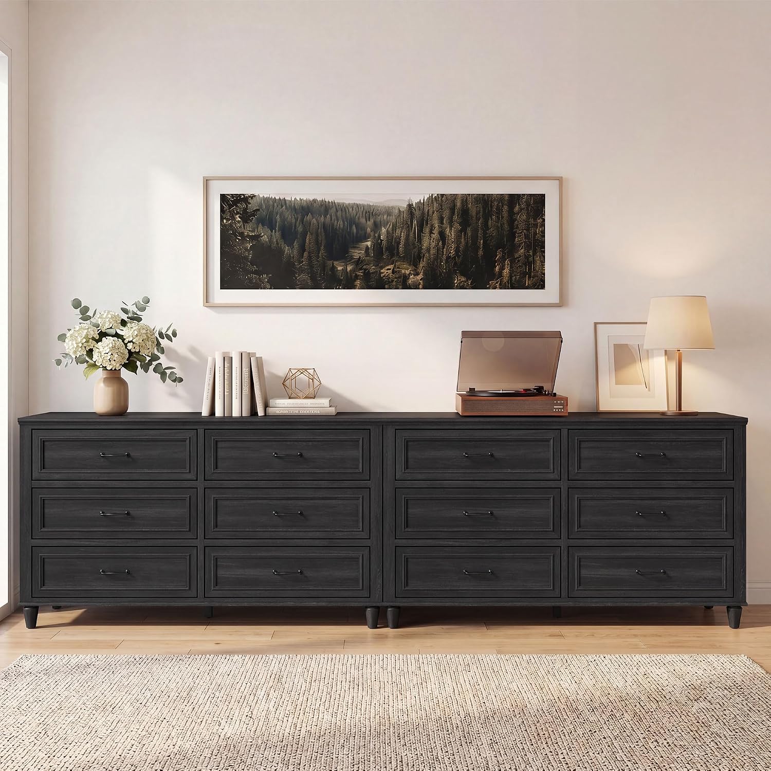 4 Piece Bedroom Furniture Set, Modern Nightstand Collection with Matching 3 Drawer, 5 Drawer & 6 Drawer Bedside Tables, Wood Storage Nightstands with Metal Handles,Black Grey