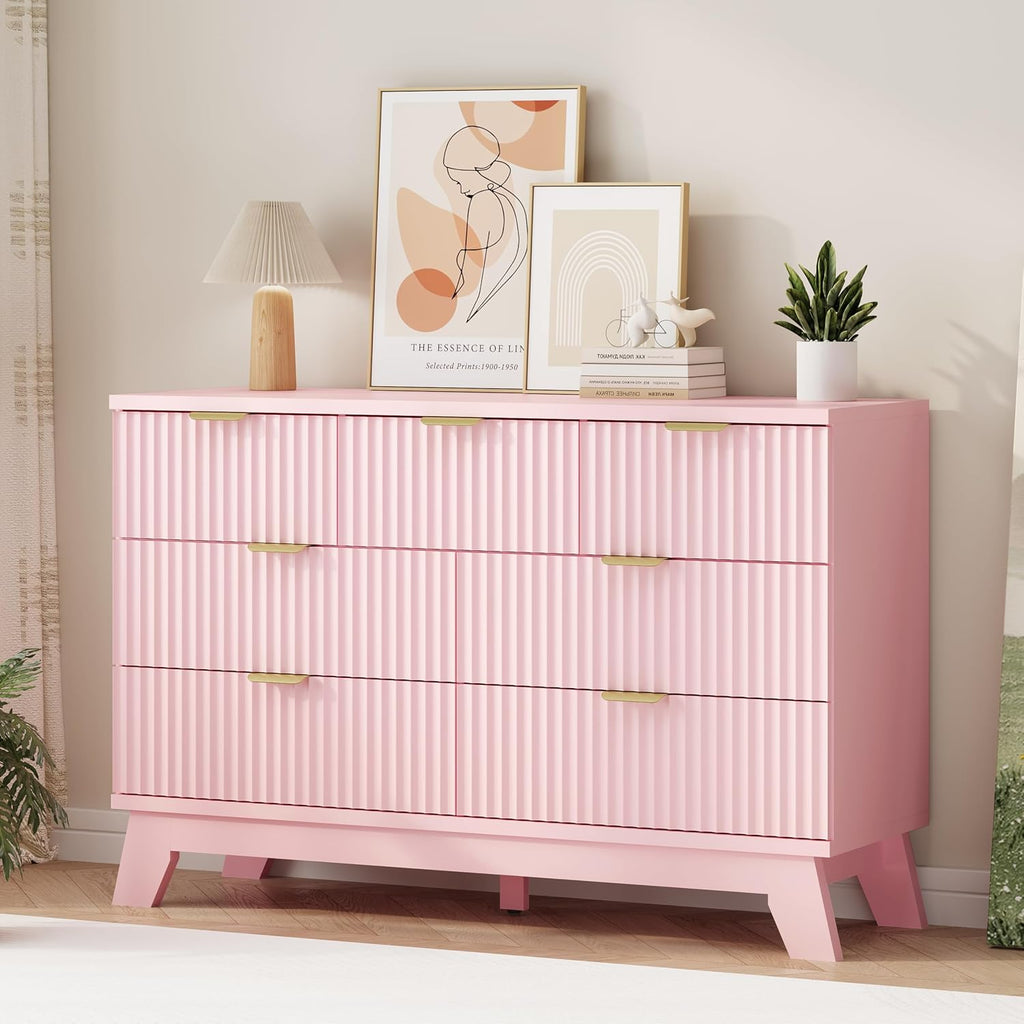 Fluted Dresser for Bedroom with 9 Drawers, 57" Wide Modern Chest of Drawers with Metal Handle, Wooden Dresser TV Stand, Wood Closet Clothes Storage Organizer for Living Room, Hallway, Natural Oak