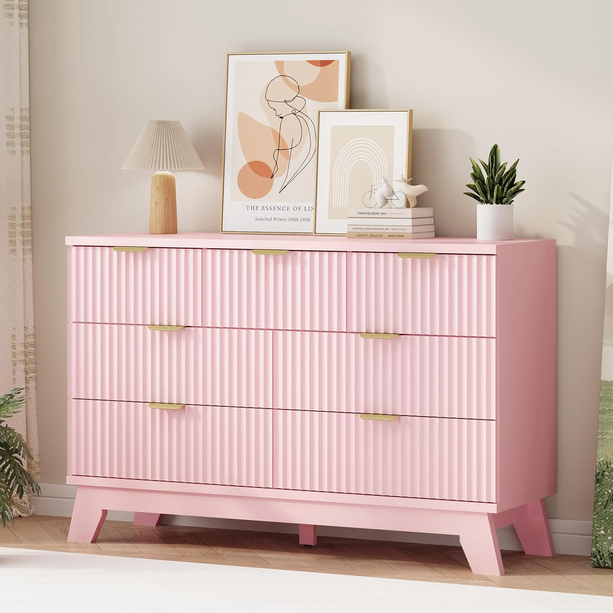 Fluted Dresser for Bedroom with 9 Drawers, 57" Wide Modern Chest of Drawers with Metal Handle, Wooden Dresser TV Stand, Wood Closet Clothes Storage Organizer for Living Room, Hallway, Natural Oak