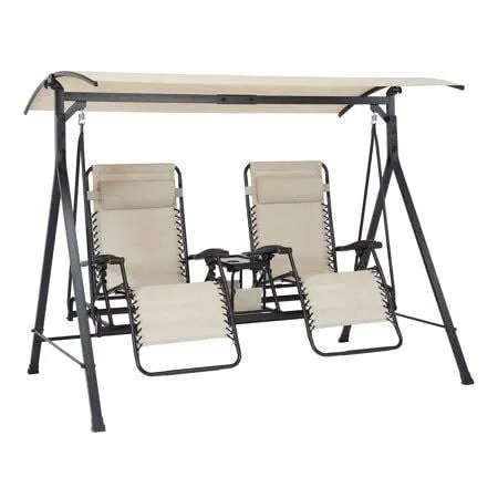 Zero-Gravity Steel Porch Swing, Beige/Black, 90.55 x 58.27 x 72.44 Inches