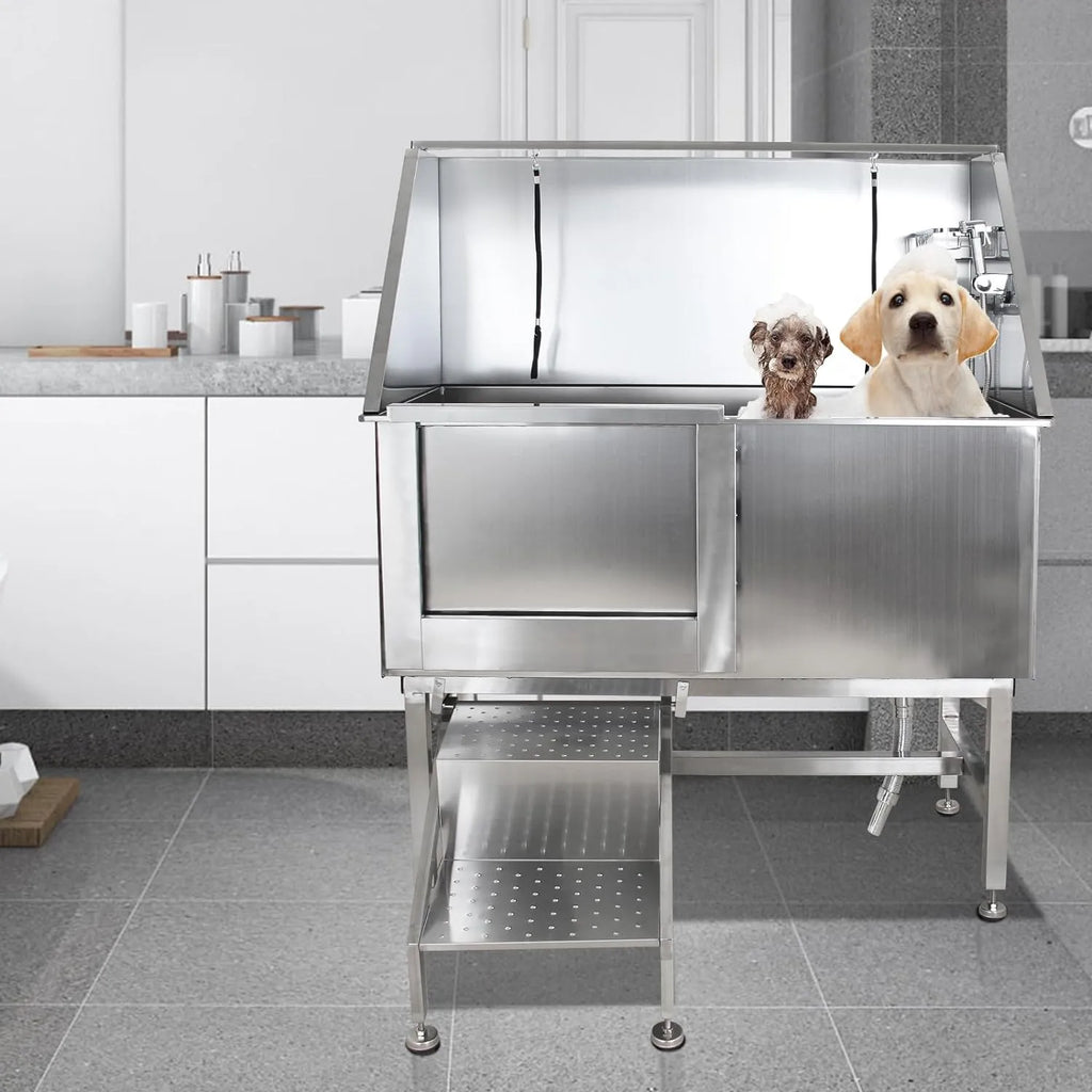 50-Inch Stainless Steel Dog Wash Bathtub with Ramp, Faucet, Sprayer, Drain Kit and Right Door
