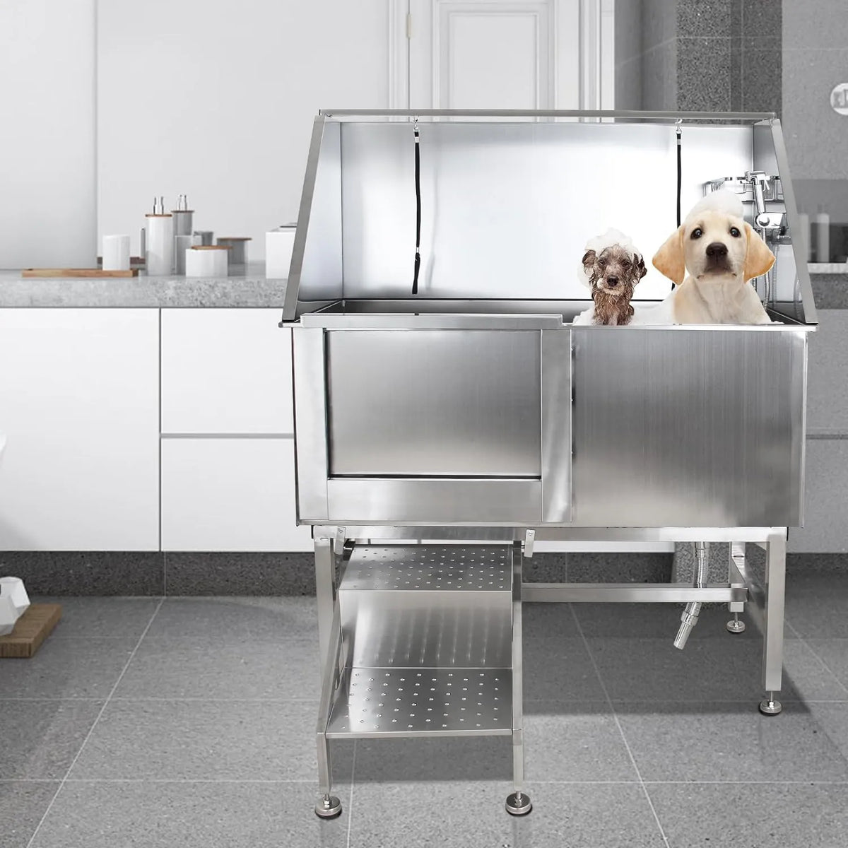 50-Inch Stainless Steel Dog Wash Bathtub with Ramp, Faucet, Sprayer, Drain Kit and Right Door