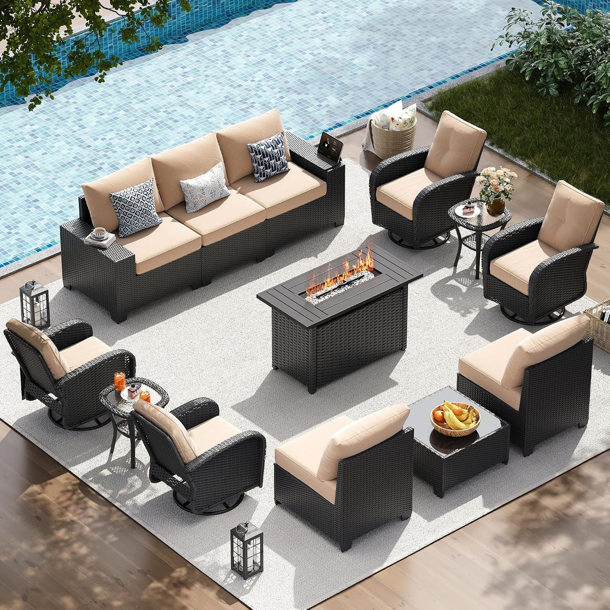 13 PCS Patio Furniture Set with 44'' Fire Pit Table, Outdoor Sectional All Weather Wicker Conversation Set with Swivel Rocker Chairs, 4'' Thick Cushions for Backyard Poolside(Navy/Grey)
