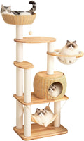 56.6" Velvet Cat Tree Tower with Woven Condo, Clear Bowl & Hammock