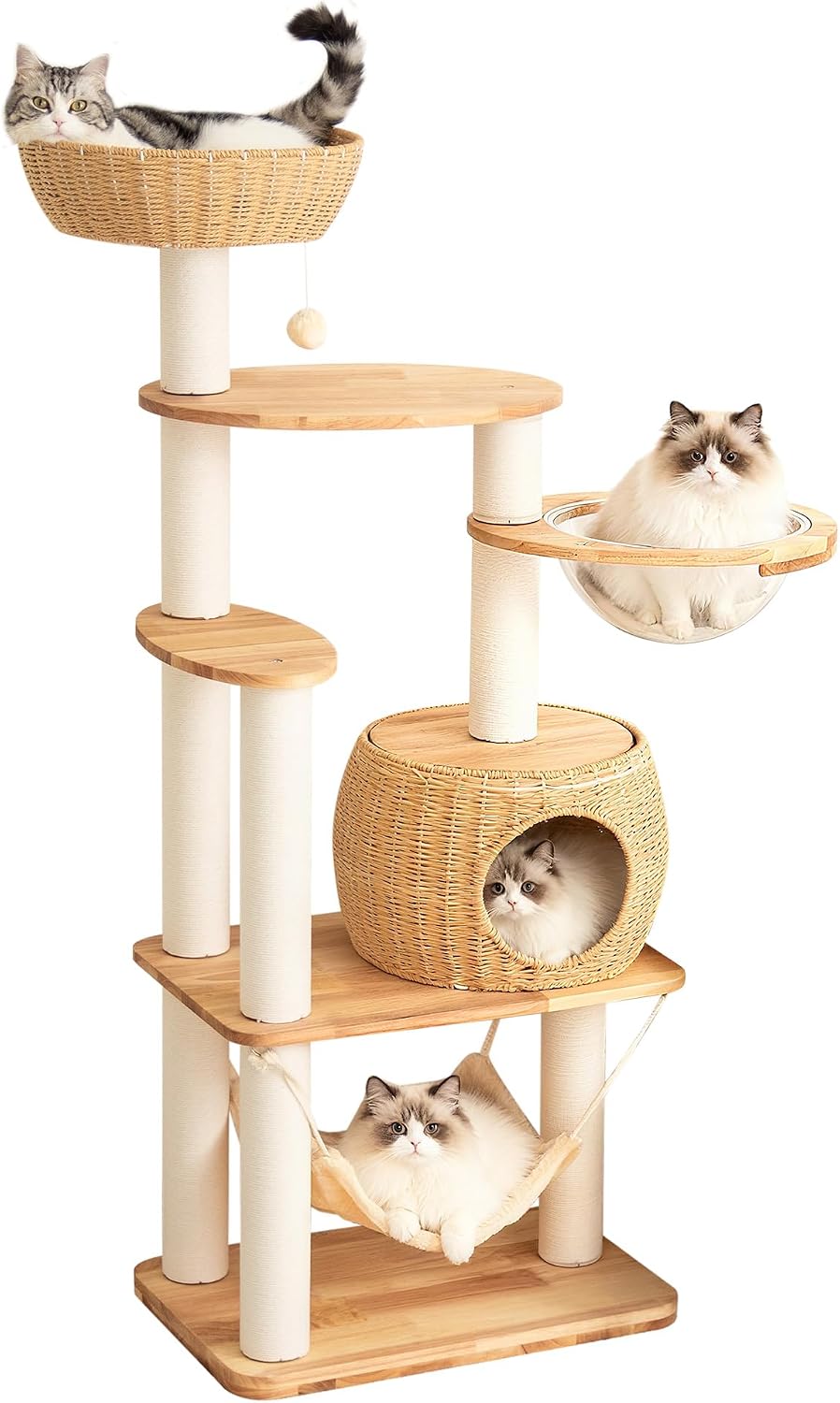 56.6" Velvet Cat Tree Tower with Woven Condo, Clear Bowl & Hammock