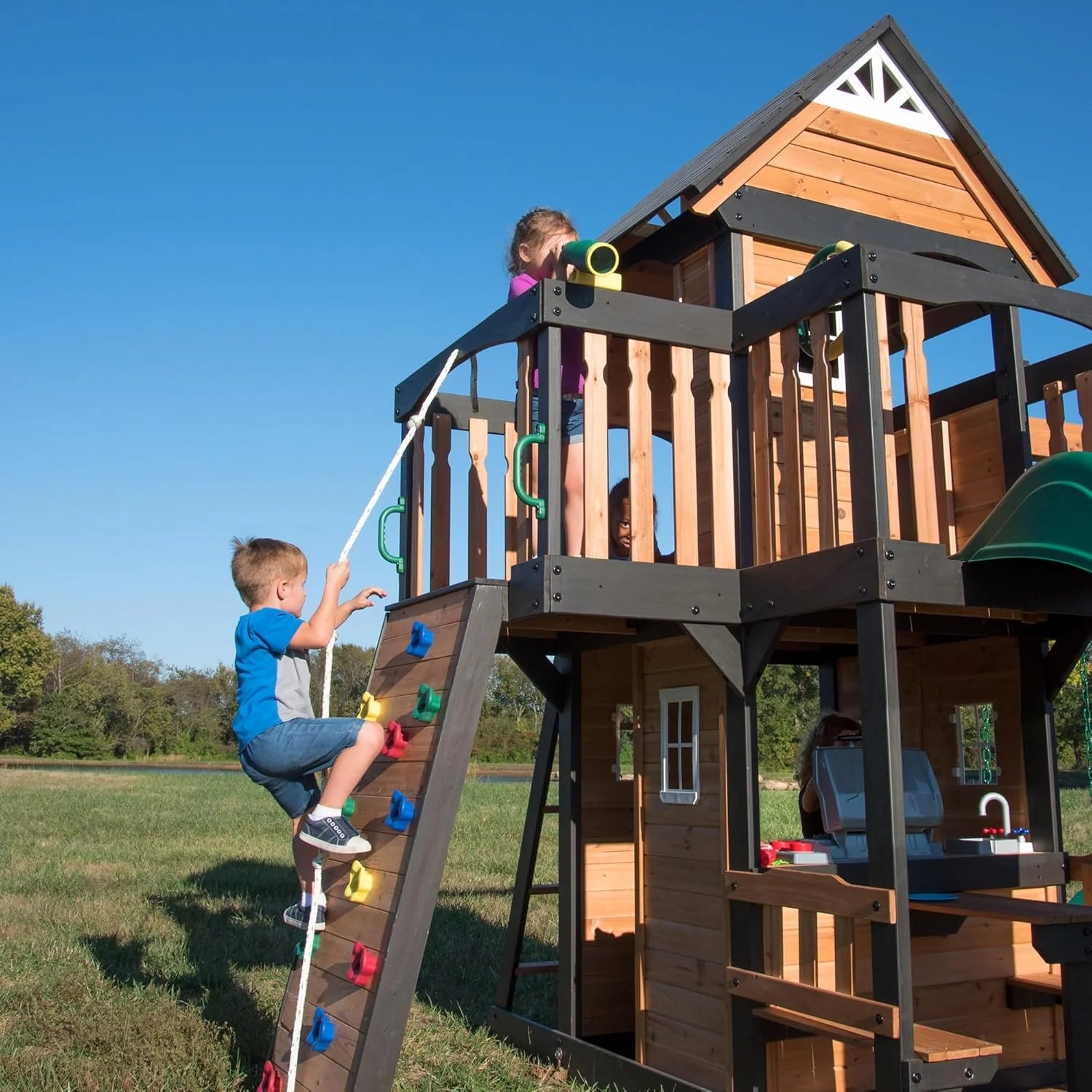 Cedar Wood Backyard Swing Set with Wave Slide, Clubhouse, Play Kitchen, Picnic Area, Rock Wall and Swings