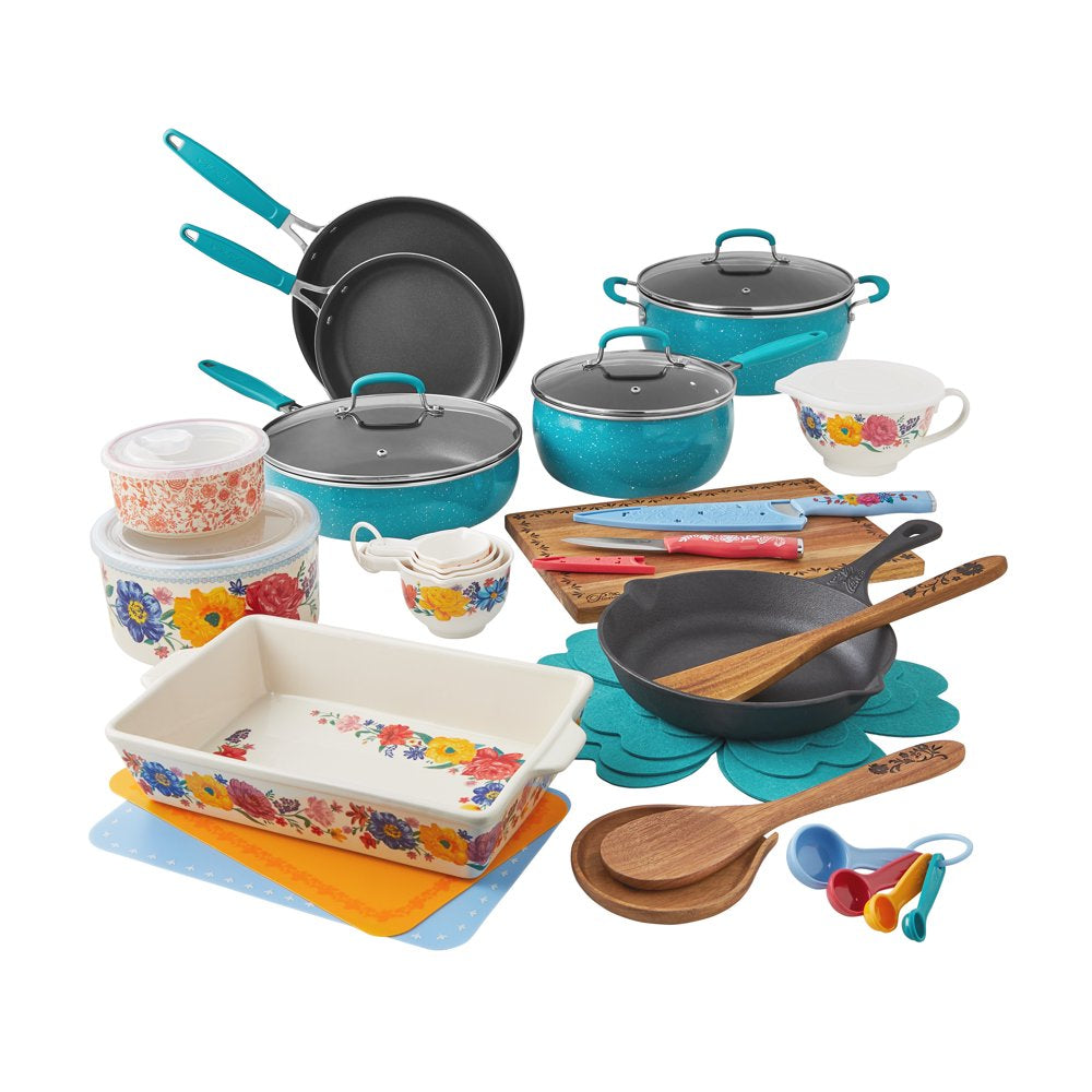 38-Piece Cookware Set with Floral Design, Teal