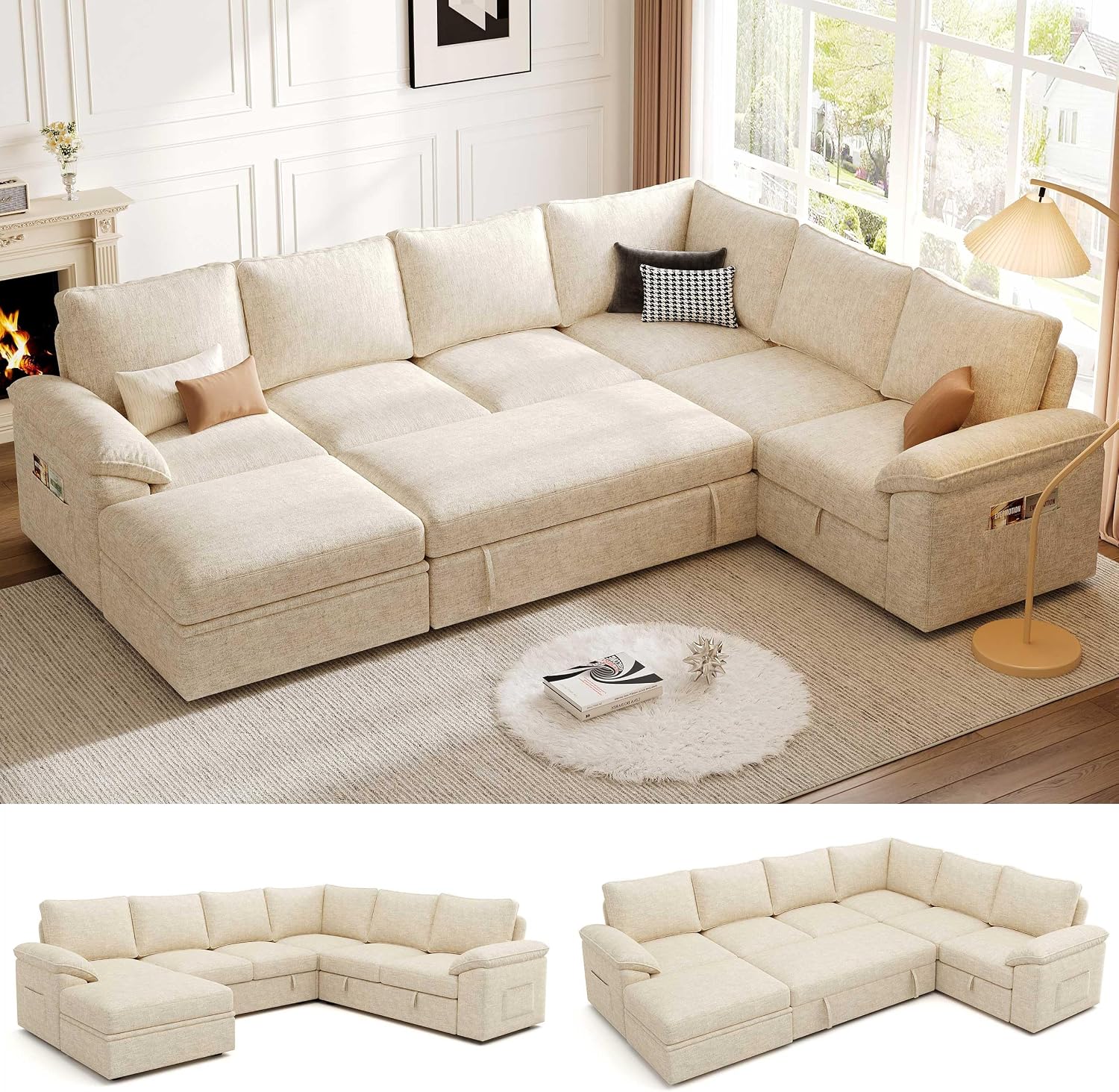 106'' Modular Sectional Sofa with Pull Out Bed, Sleeper Sofa, Dark Gray