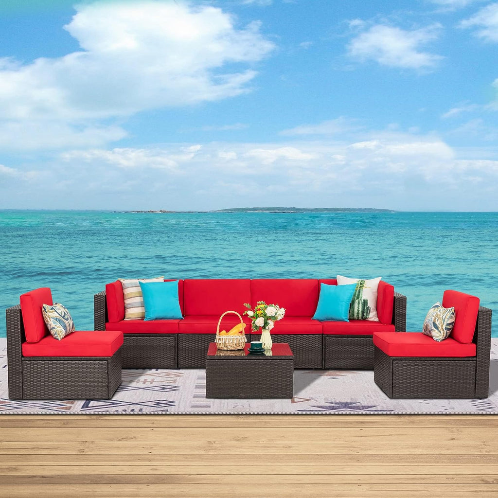 7 Pieces Patio Furniture Sets Outdoor All Weather Sectional Patio Sofa Set PE Rattan Manual Weaving Wicker Patio Conversation Set with Glass Table&Ottoman Cushion and Red Pillows, Beige