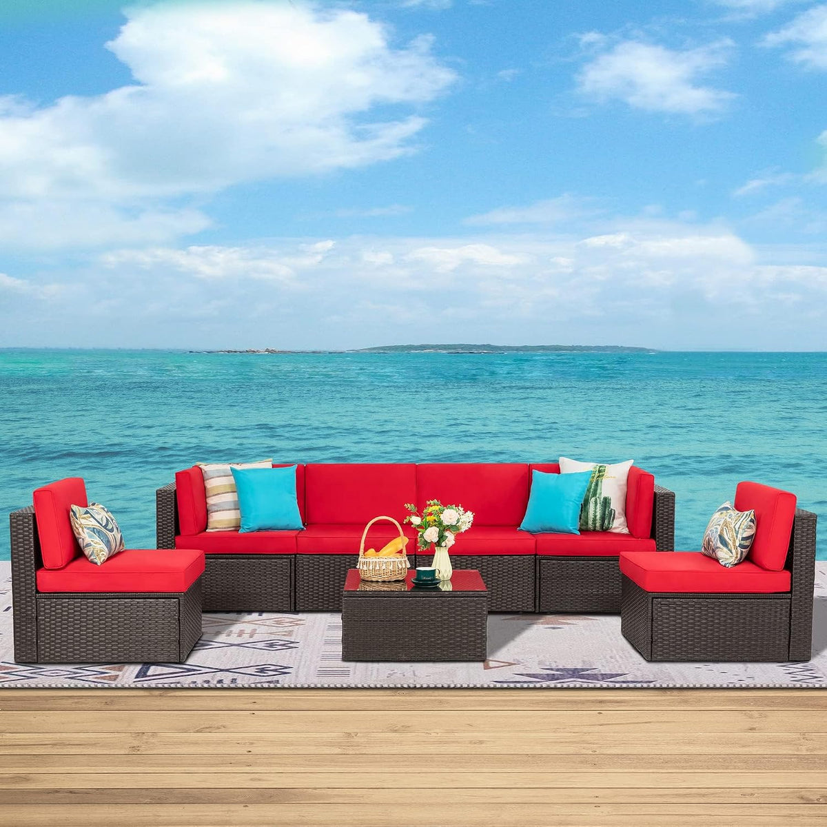 7 Pieces Patio Furniture Sets Outdoor All Weather Sectional Patio Sofa Set PE Rattan Manual Weaving Wicker Patio Conversation Set with Glass Table&Ottoman Cushion and Red Pillows, Beige