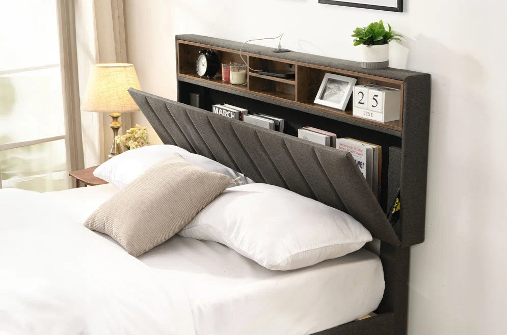 T2178 Grey Linen Bookcase Platform Bed with USB Charging Port