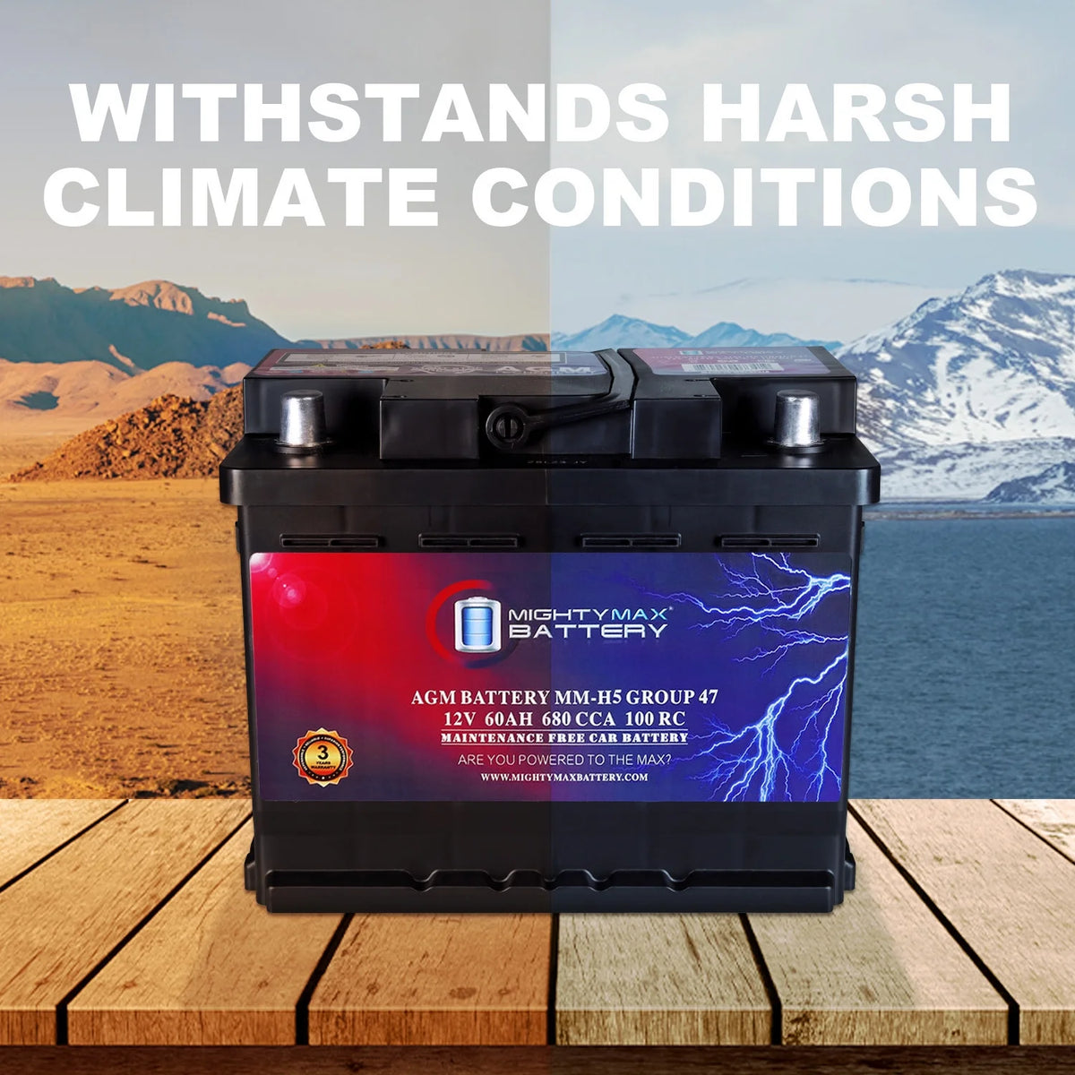 12V 60Ah AGM Car Battery, BCI Group 47, 680 CCA, 100 RC, Start-Stop Compatible