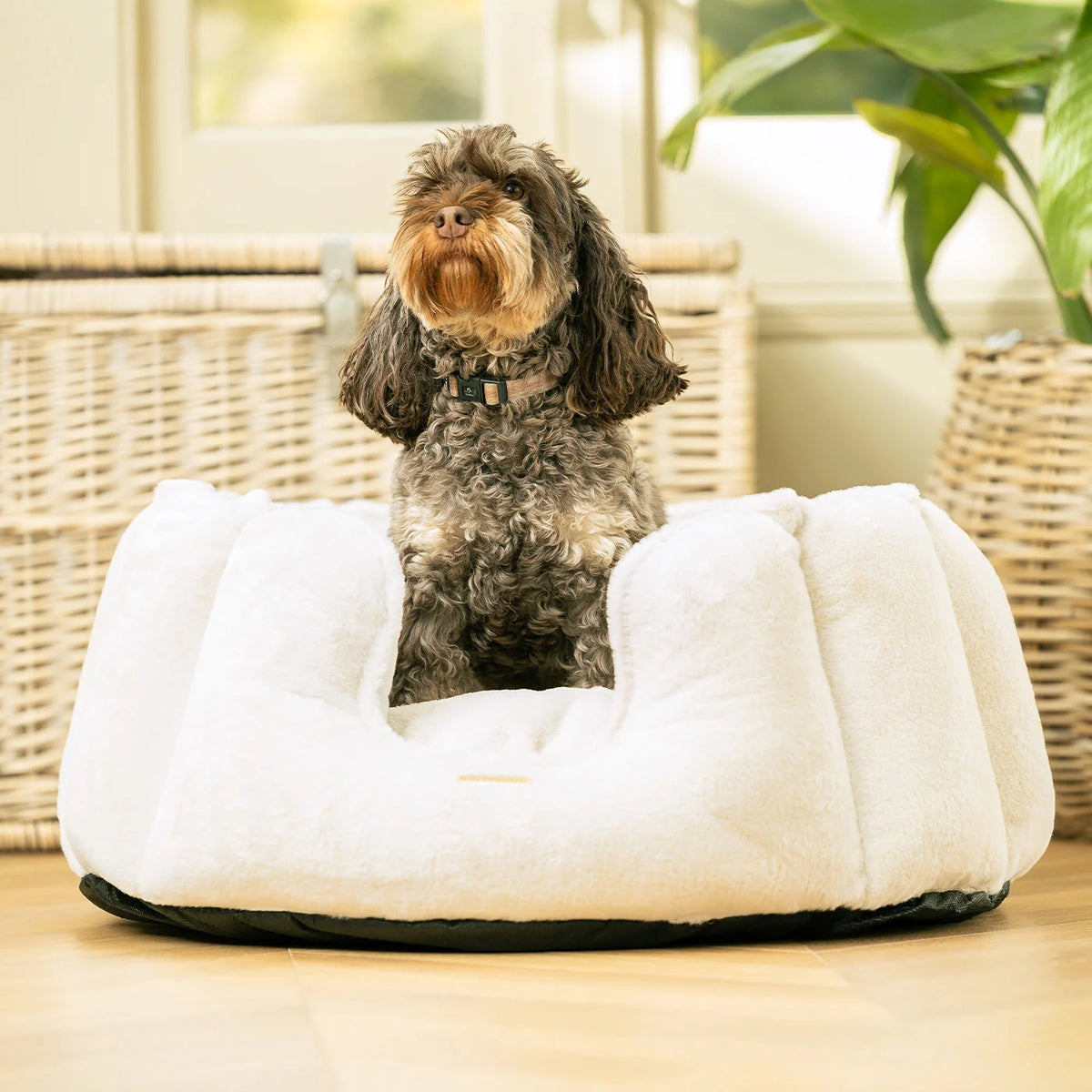 High Wall Bed For Dogs in Calming Anti Anxiety Cream Faux Fur