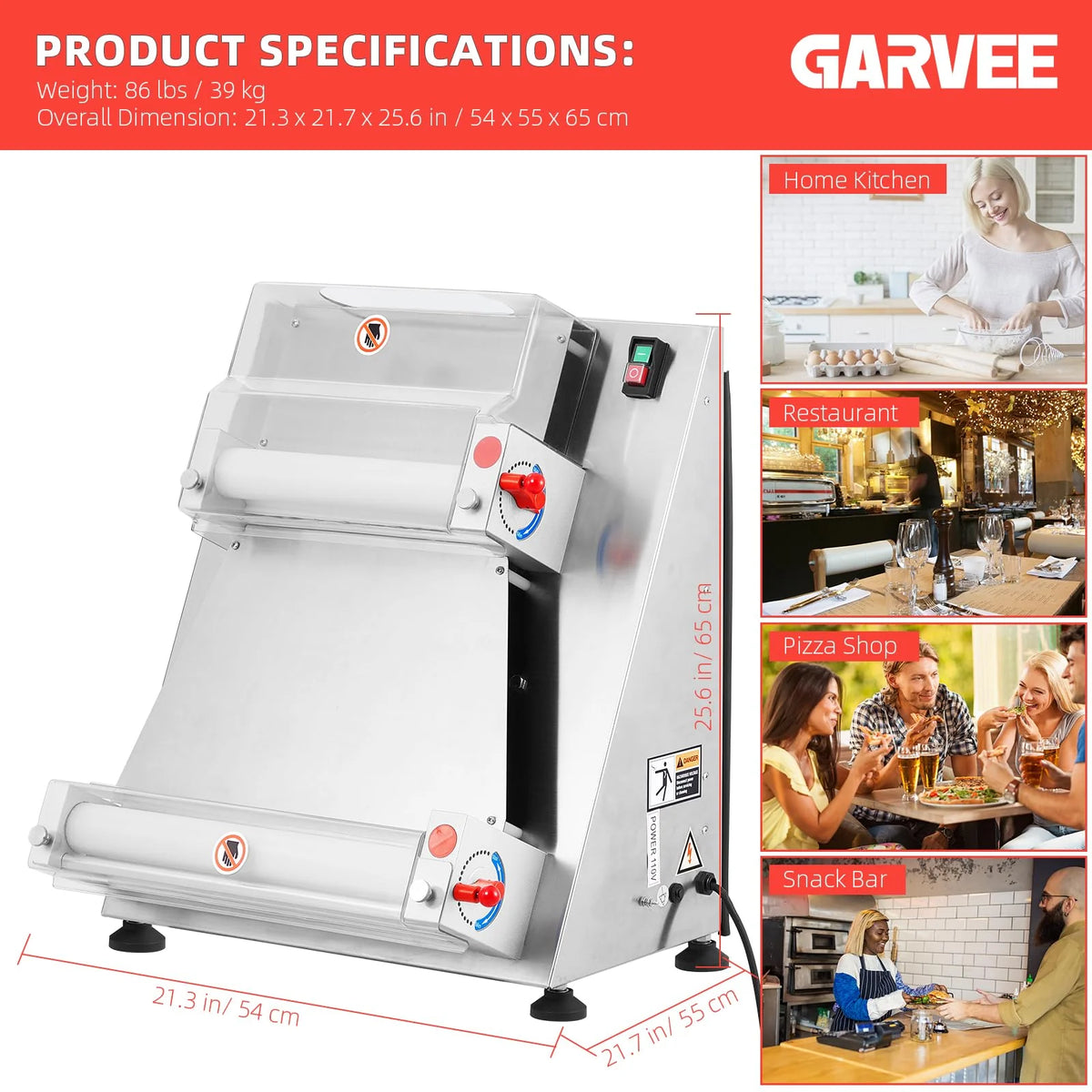 Commercial Pizza Dough Roller Sheeter, 16-Inch Automatic Electric Dough Sheeter with 370W Motor, Stainless Steel Dough Roller for Pizza, Noodles, Bread and Pasta