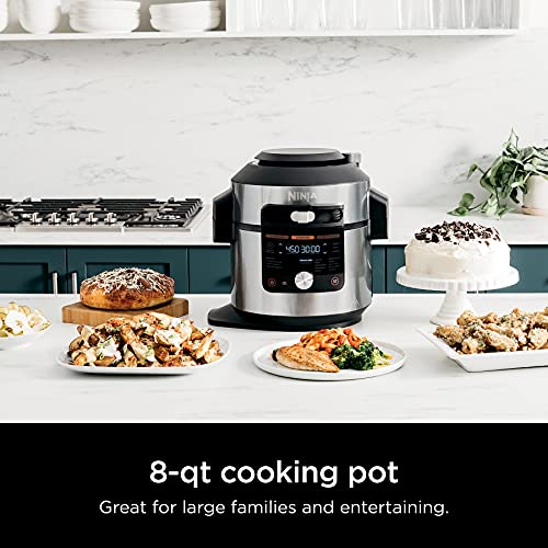 14-in-1 8-Qt. Pressure Cooker and Steam Fryer with Thermometer, Auto Steam Release, 3-Layer Capacity and 5-Qt. Crisp Basket, Silver/Black