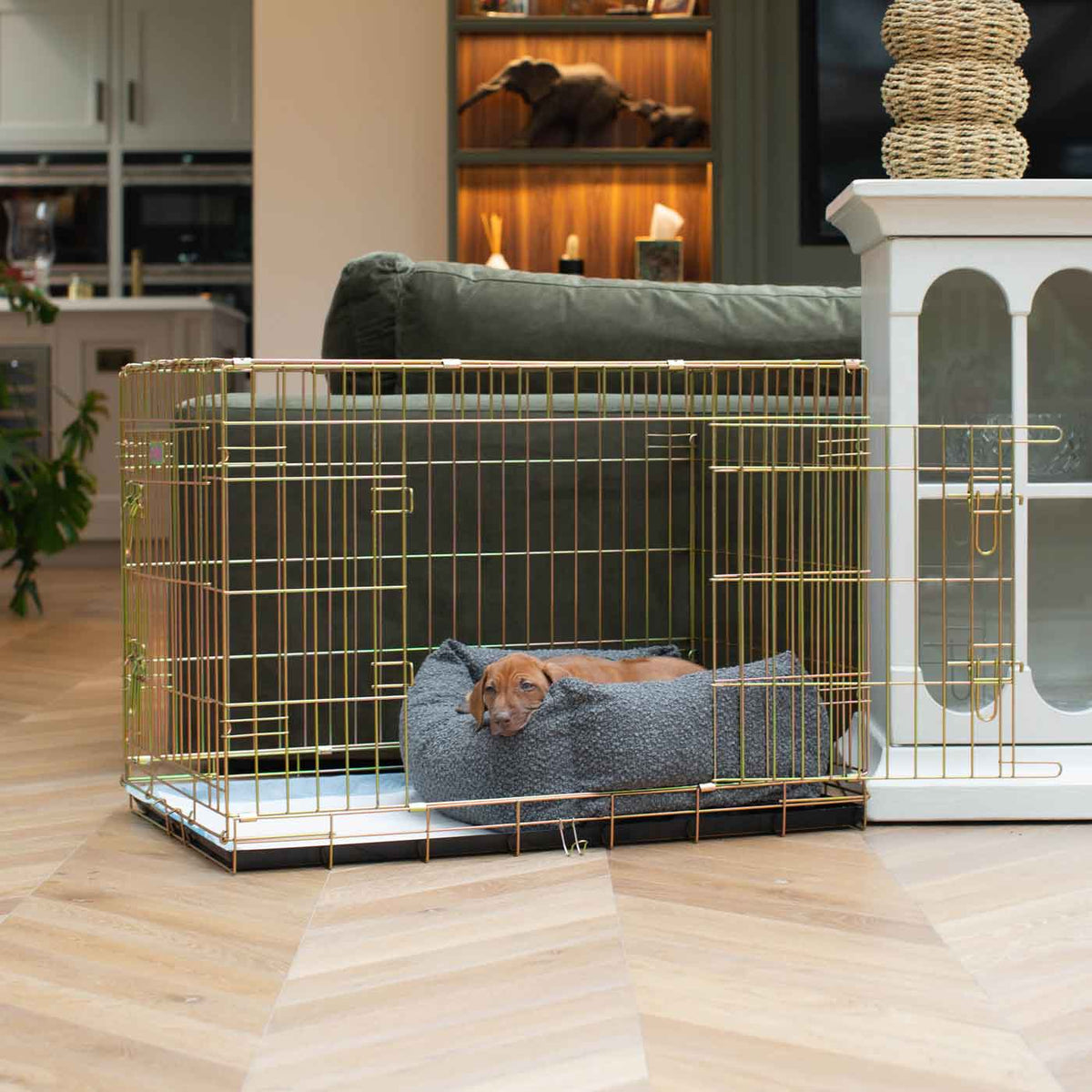Cozy & Calming Puppy Cage Bed In Granite Bouclé