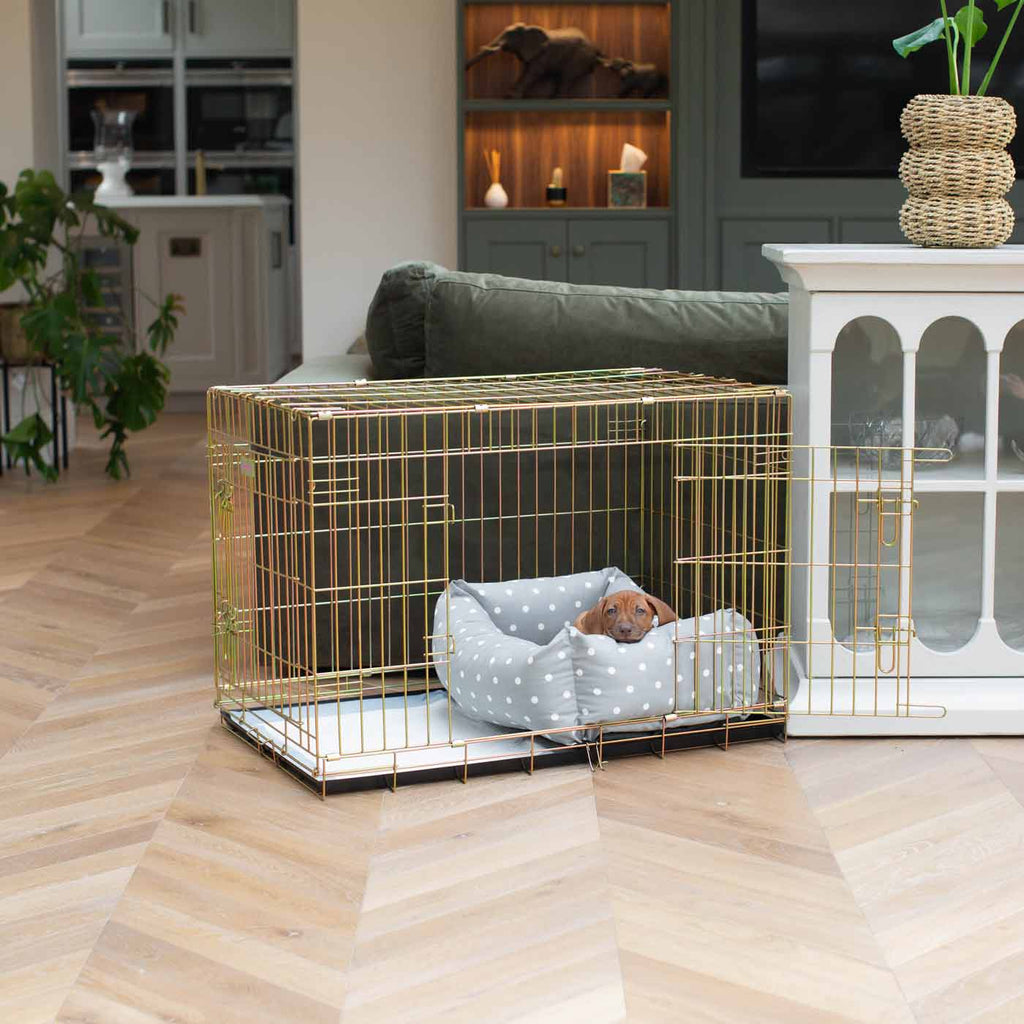 Cozy & Calming Puppy Cage Bed in Spots & Stripes