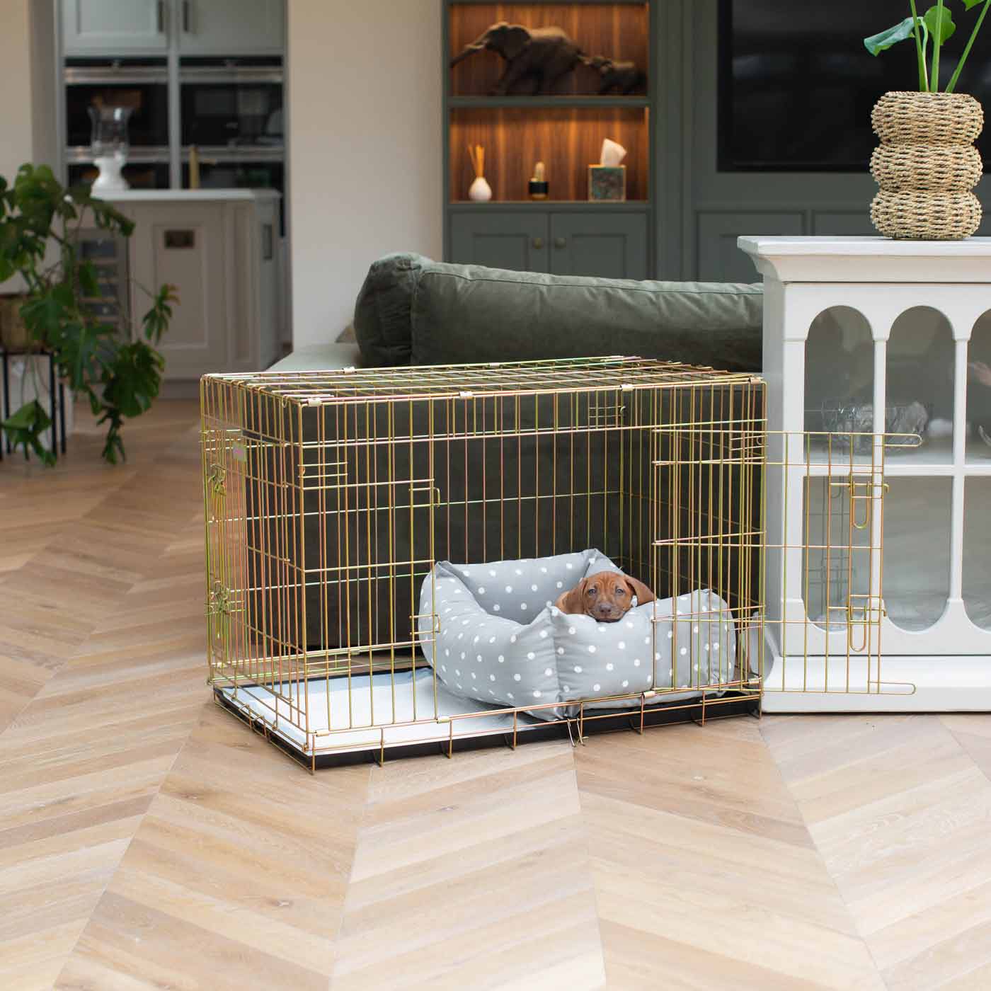 Cozy & Calming Puppy Cage Bed in Spots & Stripes