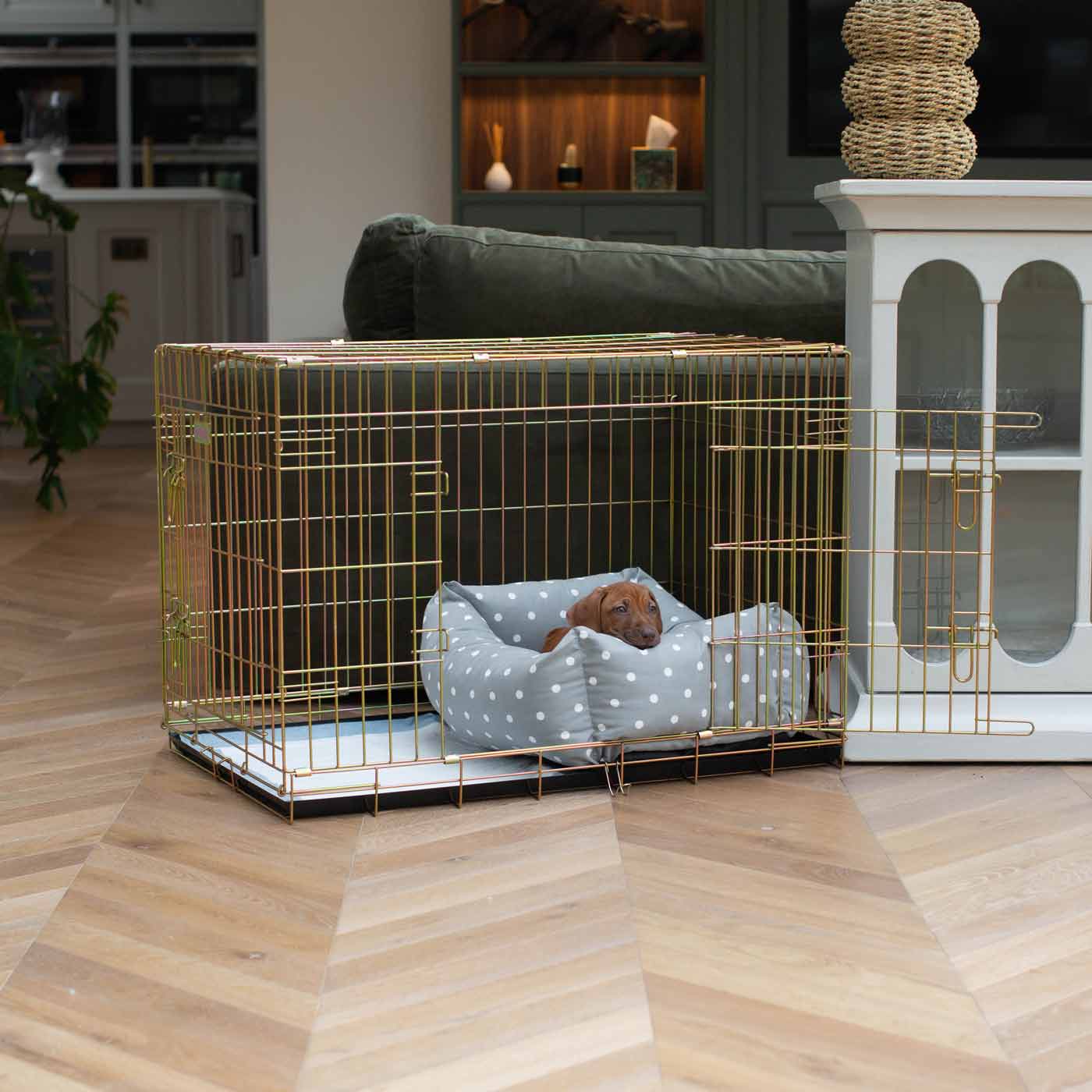 Cozy & Calming Puppy Cage Bed in Spots & Stripes