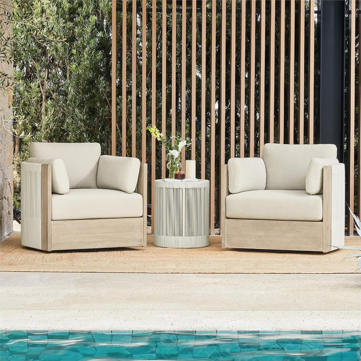 3 Piece Boho Patio Rattan Bistro Set, FSC Acacia Wood Frame, Cream