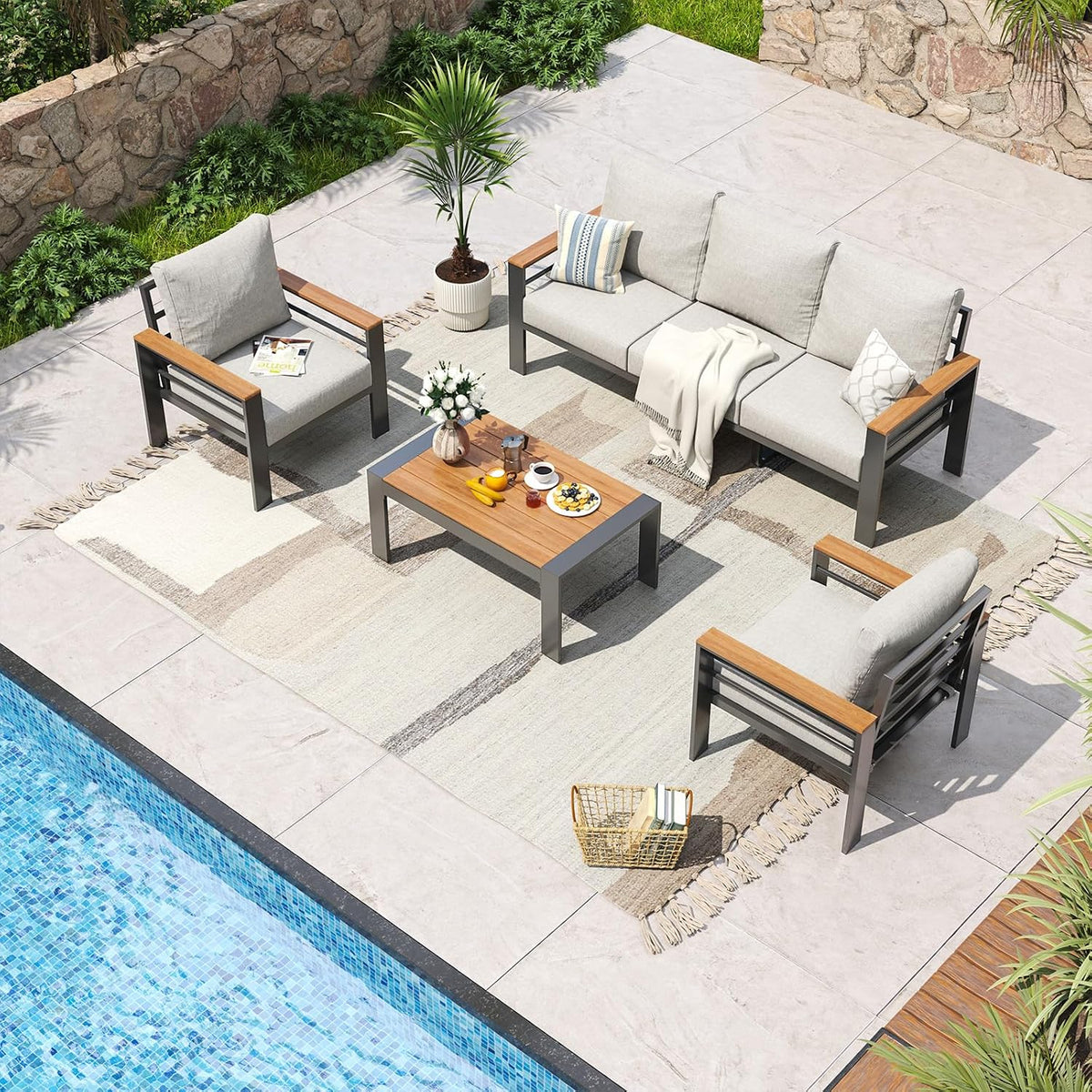 Aluminum Patio Furniture Set 7 Seats, Oversized Outdoor Sectional with Washable Thick Cushions, Coffee Table, Patio Conversation Sets for Porch, Balcony, Deck