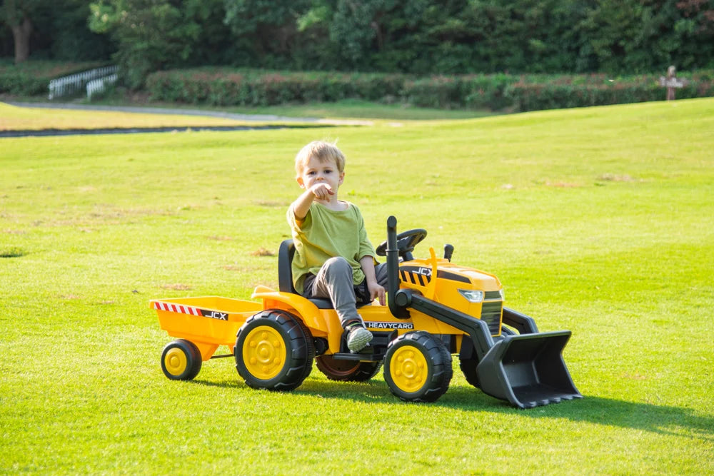 2026 12V Excavator Tractor Trailer Kids Ride On One Seater Electric Truck with RC and Wagon
