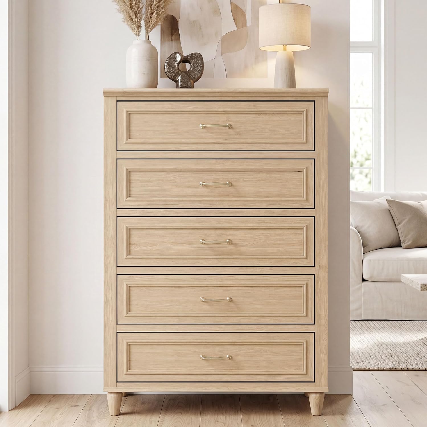 4 Piece Bedroom Furniture Set, Modern Nightstand Collection with Matching 3 Drawer, 5 Drawer & 6 Drawer Bedside Tables, Wood Storage Nightstands with Metal Handles,Black Grey