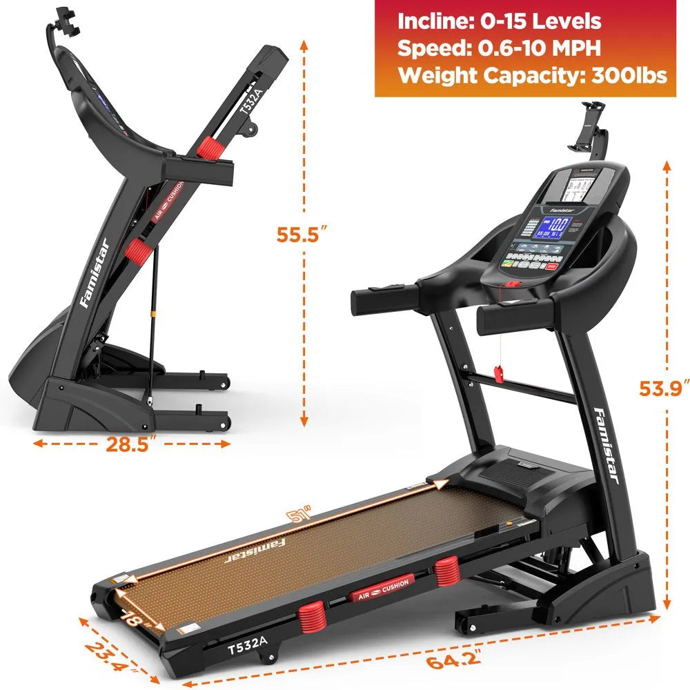 Folding Treadmill for Home with 15-Level Auto Incline, 300-Lb. Capacity and 10 MPH Speed