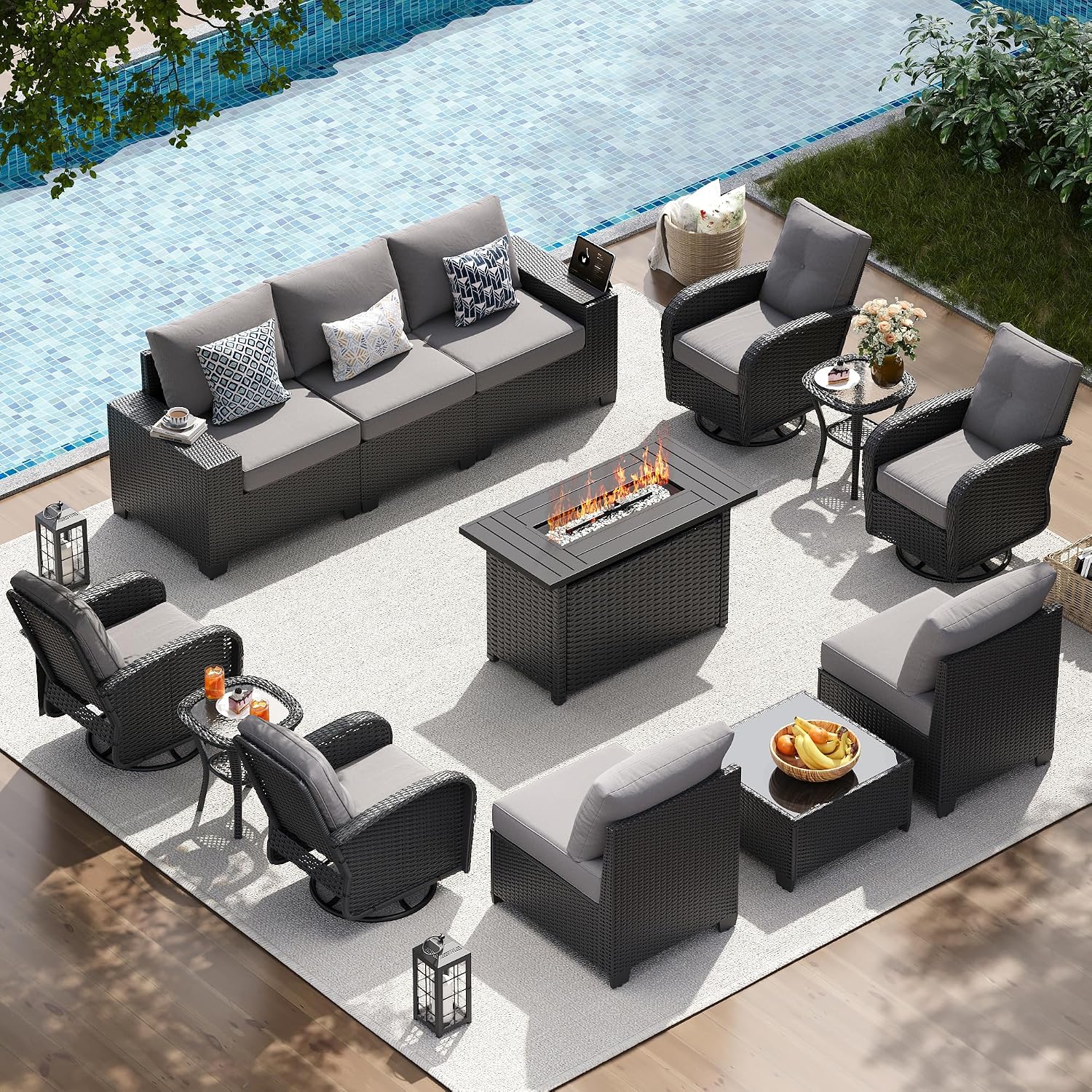 13 PCS Patio Furniture Set with 44'' Fire Pit Table, Outdoor Sectional All Weather Wicker Conversation Set with Swivel Rocker Chairs, 4'' Thick Cushions for Backyard Poolside(Navy/Grey)