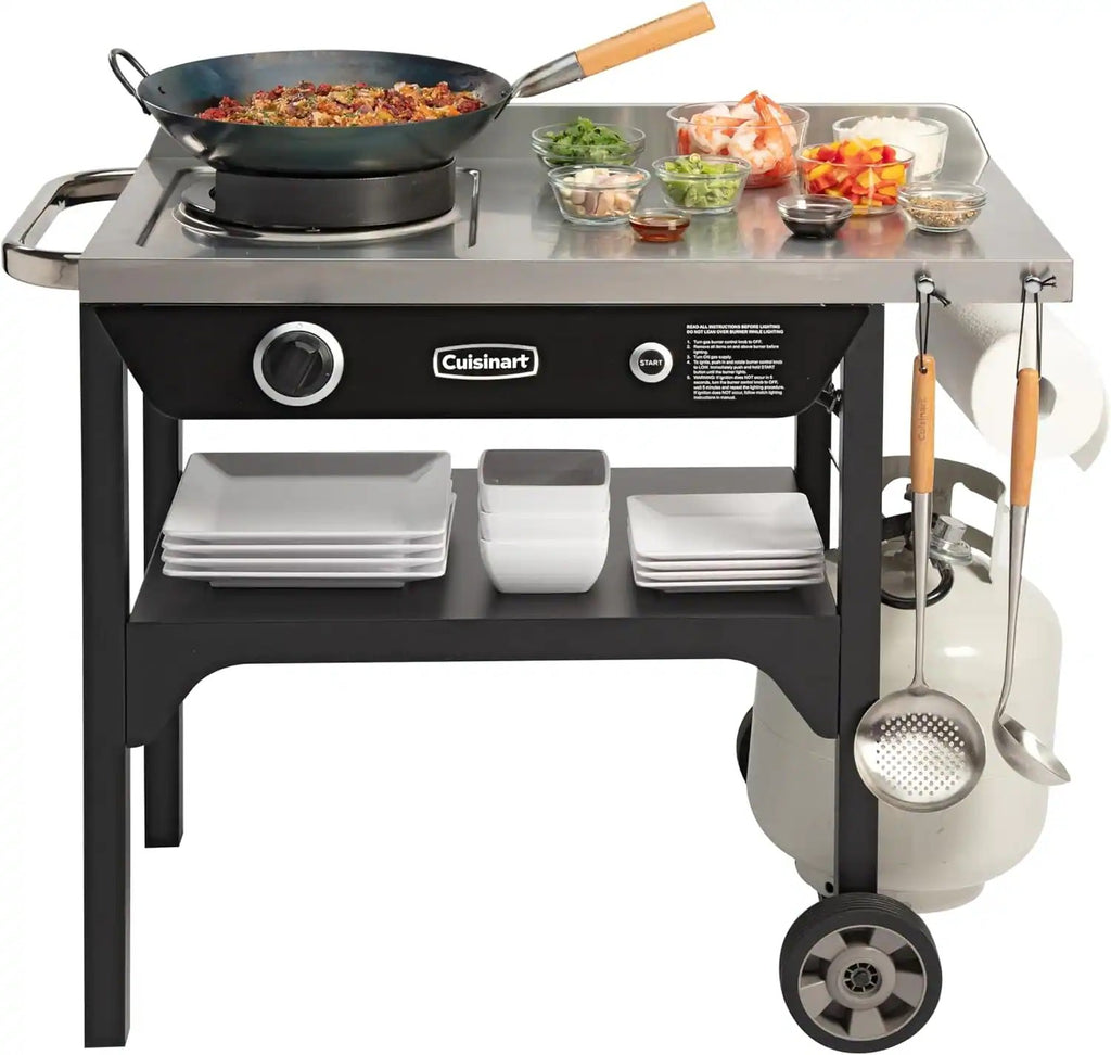 50,000 BTU Propane Outdoor Wok Station with Prep Table and 14-Inch Carbon Steel Wok, Black