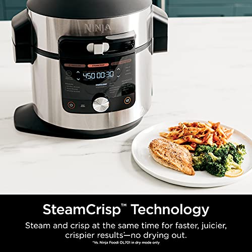 14-in-1 8-Qt. Pressure Cooker and Steam Fryer with Thermometer, Auto Steam Release, 3-Layer Capacity and 5-Qt. Crisp Basket, Silver/Black