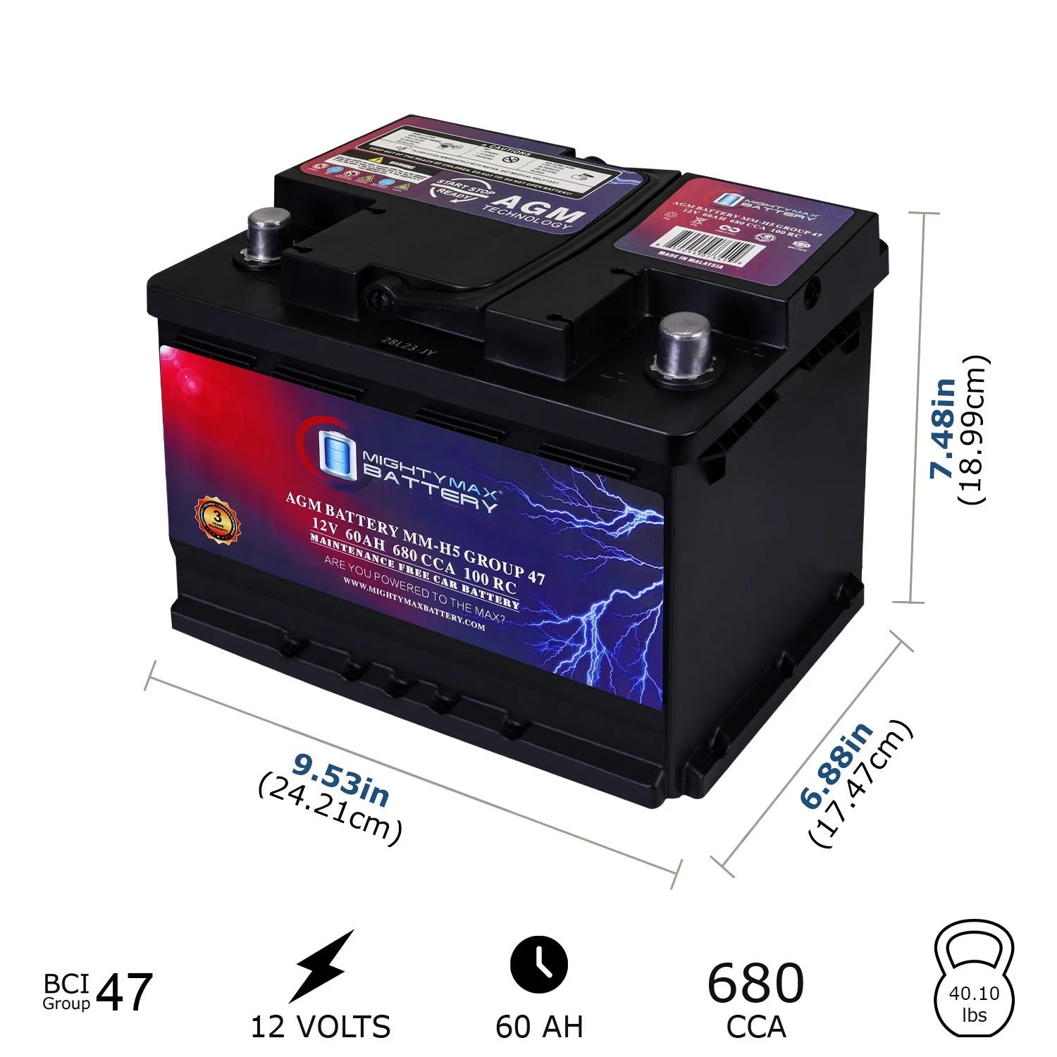 12V 60Ah AGM Car Battery, BCI Group 47, 680 CCA, 100 RC, Start-Stop Compatible