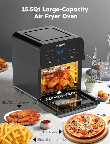 15.5-Qt Extra-Large Air Fryer Oven with Rotisserie Basket, Skewer Kit, Reversible Grill/Griddle Plate and Smart Thermometer, 1800W, Black