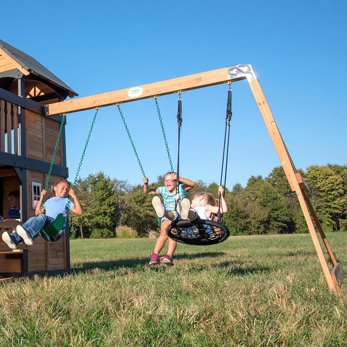 Cedar Wood Backyard Swing Set with Wave Slide, Clubhouse, Play Kitchen, Picnic Area, Rock Wall and Swings