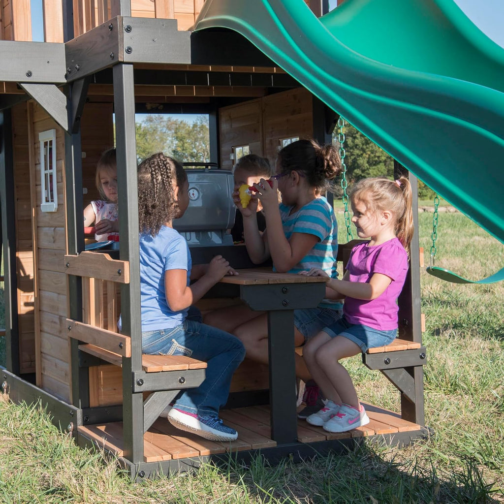 Cedar Wood Backyard Swing Set with Wave Slide, Clubhouse, Play Kitchen, Picnic Area, Rock Wall and Swings