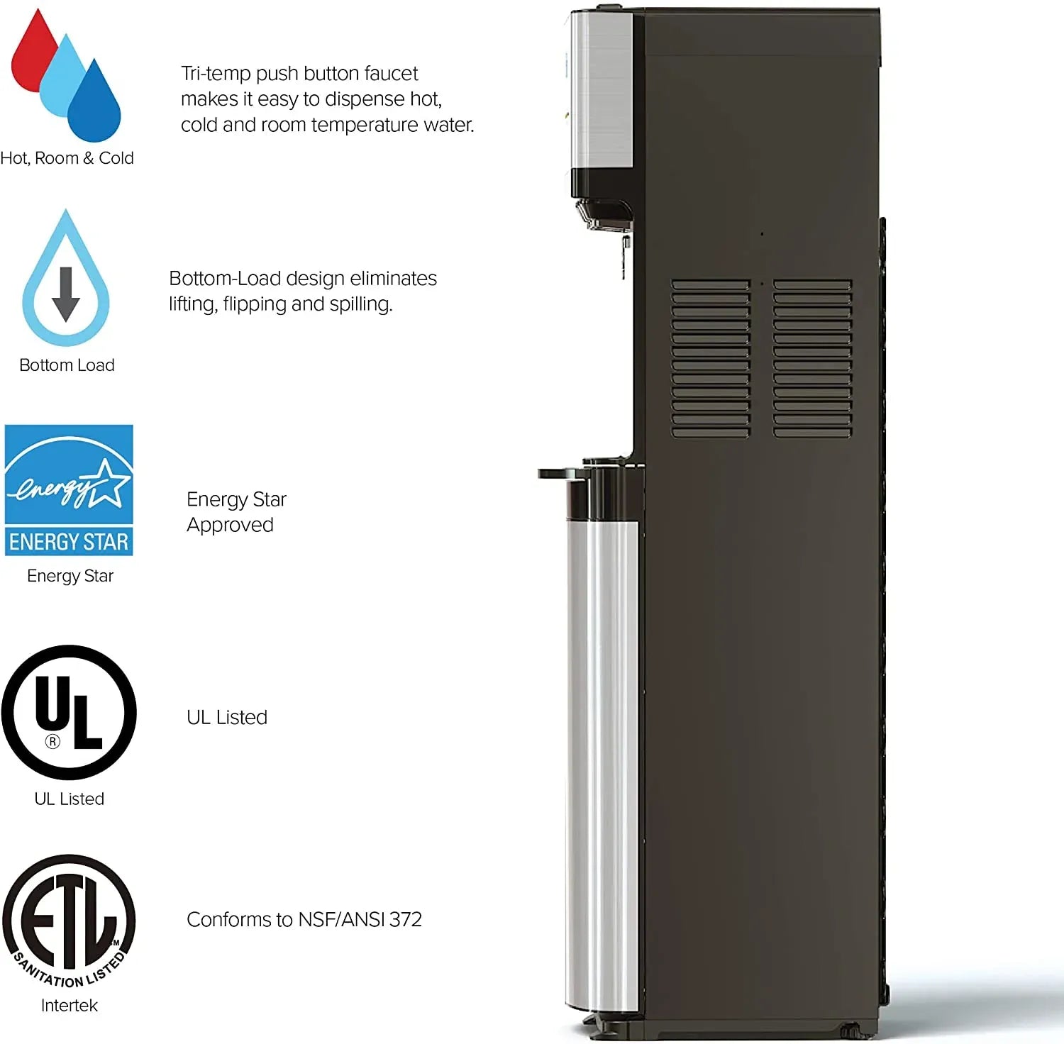 Self-Cleaning Bottom-Loading Water Cooler Dispenser with 3 Temperature Settings