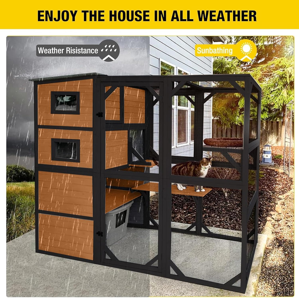 Large Outdoor Cat Enclosure, 4-Tier Catio with Weatherproof Roof, 70 H x 77 L in, Spacious Cat Playpen