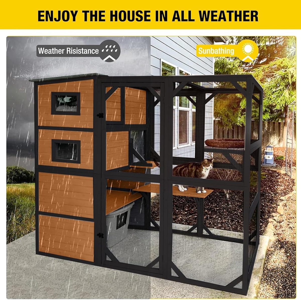 Large Outdoor Cat Enclosure, 4-Tier Catio with Weatherproof Roof, 70 H x 77 L in, Spacious Cat Playpen