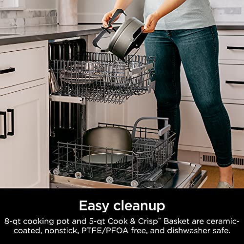 14-in-1 8-Qt. Pressure Cooker and Steam Fryer with Thermometer, Auto Steam Release, 3-Layer Capacity and 5-Qt. Crisp Basket, Silver/Black