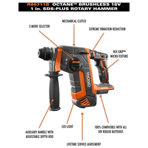 18V Cordless Brushless 1-Inch SDS-Plus Rotary Hammer, Tool Only